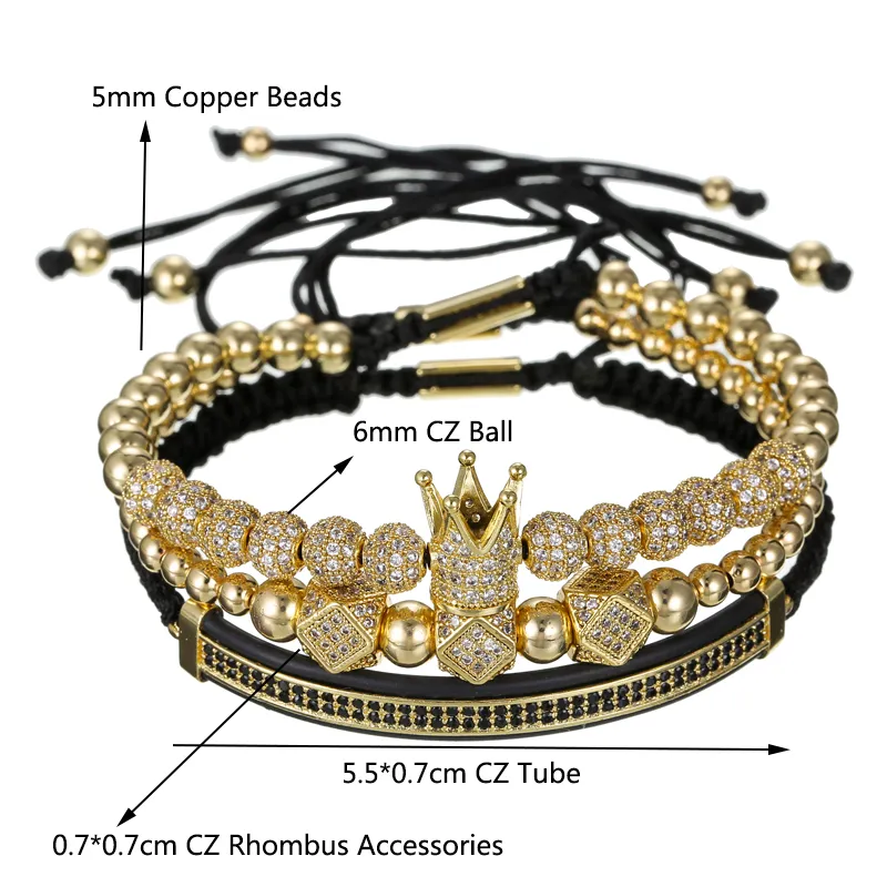 3Pcs Set Couple CZ Crown Bracelet Sets For Men Gold Pave Cubic Micro Charm Women Braided Bracelet Sets Pulseira Bileklik300B