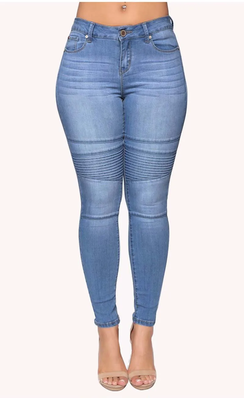 新しい女性のカジュアルジーンズ漂白洗浄ドレープパネルミドルウエストパンツスリムフィットの女性のズボン高品質送料無料