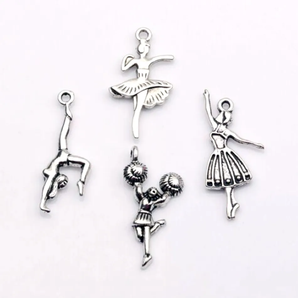 Varmförsäljning! 100 st / partier antikviteter silver zink legering blandad dans tjej charms pendlar diy smycken 4 stil