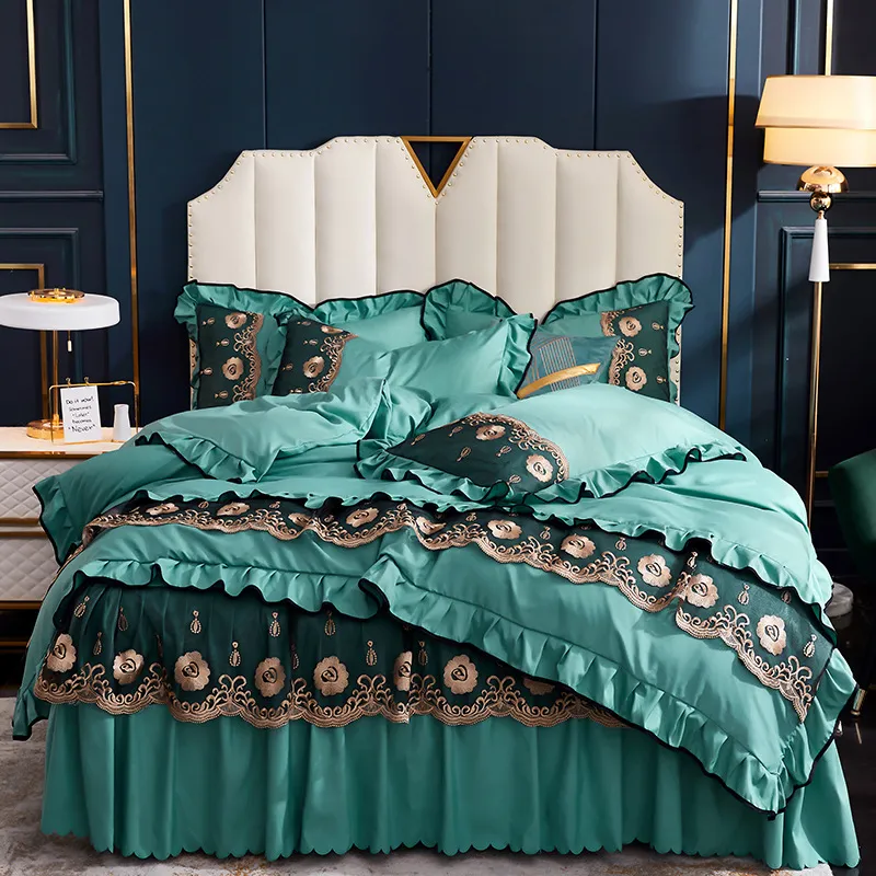 Hot Sale Luxury Satin Jacquard Silk/Cotton Teal Bedding Sets Lace Duvet  Cover Bedclothes Bed Sheet Set Pillowcases Bed Cover Queen King Plus Size  From Freesuit, $73.86