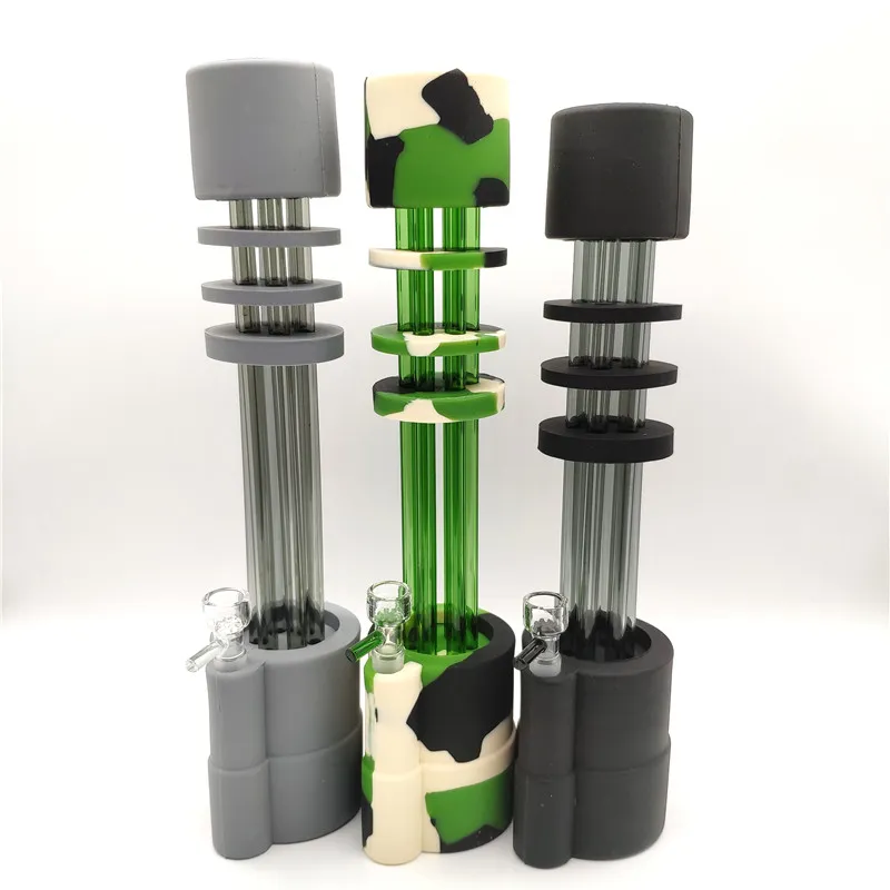 13 Pouces Gatling Silicone Bong Pipe À Eau Avec 6 Tubes De Pistolet En Verre Gatling Bongs Pipe En Silicone 14mm Joint 3 Couleurs Choisissez Vente Chaude