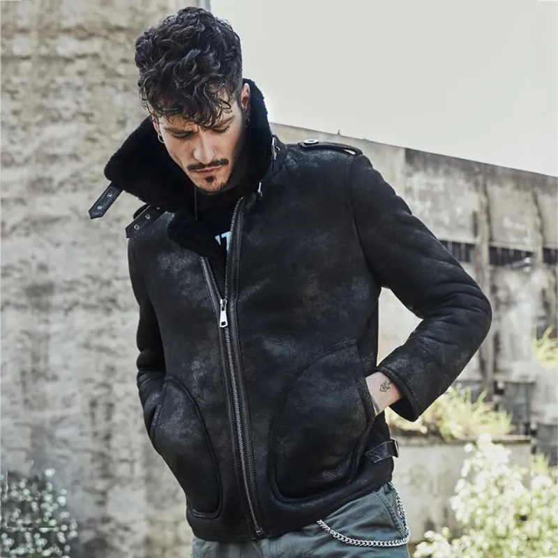 Mens Natural Estilo Curto Shearling Sheepskin Outerwear Classic Lapel Design Motocicleta Roupas