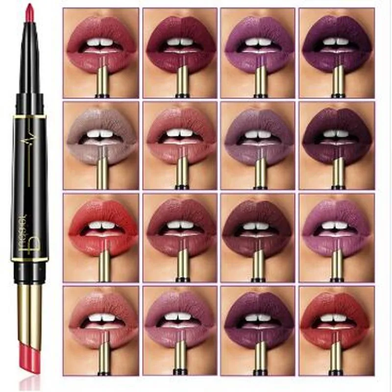 Pudaier Brand Matte Lipstick Color Cosmetics Wateproof Double Ended Long Lasting Nude Red Matte Lips liner Pencil Lipstick Matte