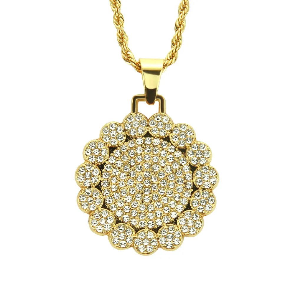 Round Cluster Medallion Gold Color Pendant Necklace Chain Charm Bling Cubic Zircon Men Women Hip Hop Jewelry For Gift