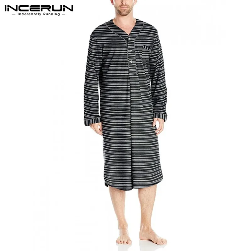 Batas de dormir para hombre, ropa de casa a rayas de manga larga con cuello en V, camisón de ocio, albornoces cómodos, pijamas, caftán para hombre INCERUN S-5X277w 2020