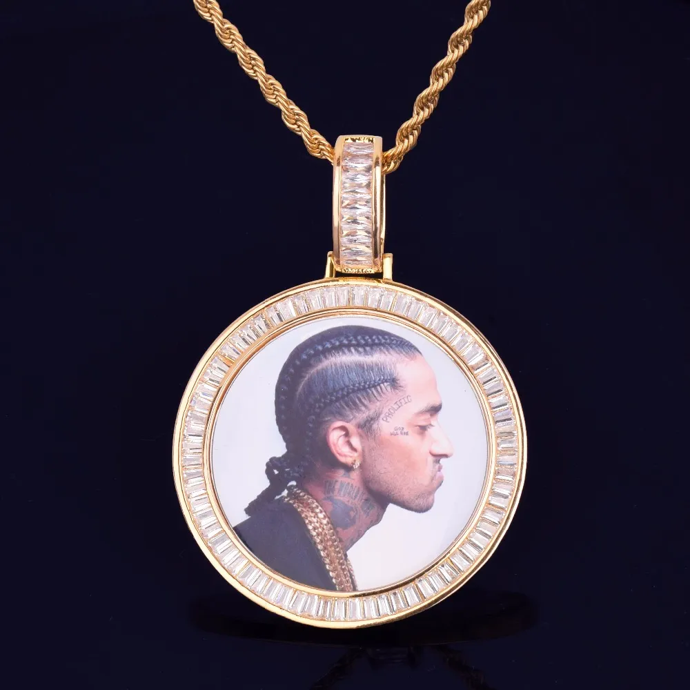 Nya anpassade fotomedaljonger Runt halsband Fotoram hänge med repkedja Guld Cubic Zircon Rock Street Hiphopsmycken för män