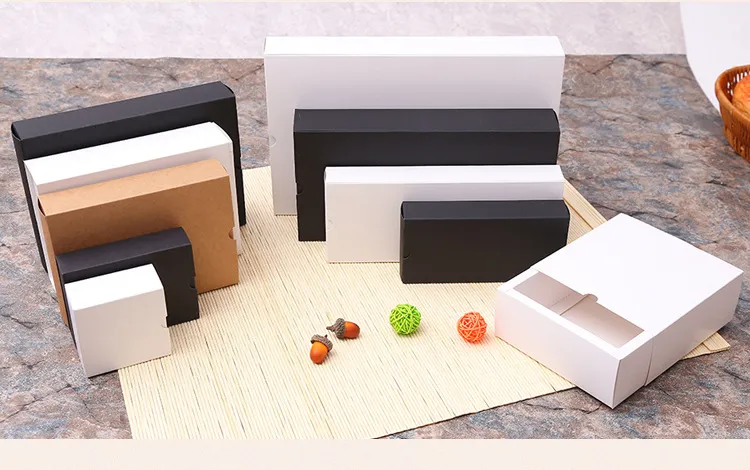 14.5X14.5X6cm 25X10X3.5cm boîte de papier kraft boîte de tiroir en papier blanc noir pour le carton d'emballage de biscuit de sous-vêtements de cadeau de thé peut être personnalisé