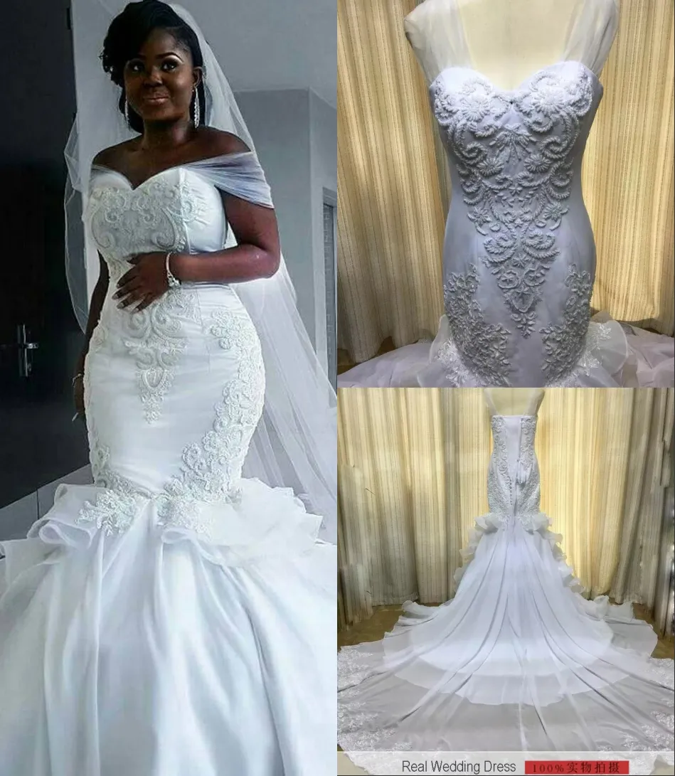 real picture mermaid wedding dresses beading embroidery long train lace appliques off shoulder laceup back bridal gowns vestido de nov