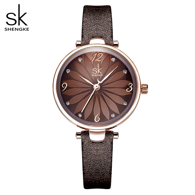 Shengke Leather Watch Flower Dial Women Quartz armbandsurskvarter kvarts analoga kvinnor tittar p￥ casual damklockor Reloj Mujer