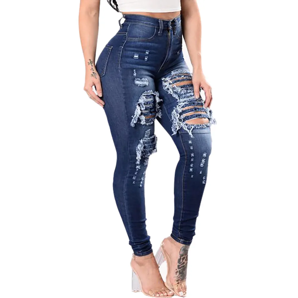 Calças De Brim Rasgadas De Cintura Alta Para Mulheres Plus Size Jeans  Magros Denim Namorado Rendas Magro Estiramento Buracos Lápis Calças Saco De  20,21 €