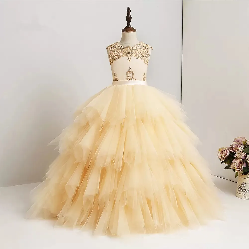 2019 ny ny ankomst blomma flicka klänningar hög kvalitet gjorda spets pärlstav Ruffles Tulle Girl Prom Dress Pageant Gown QC1313