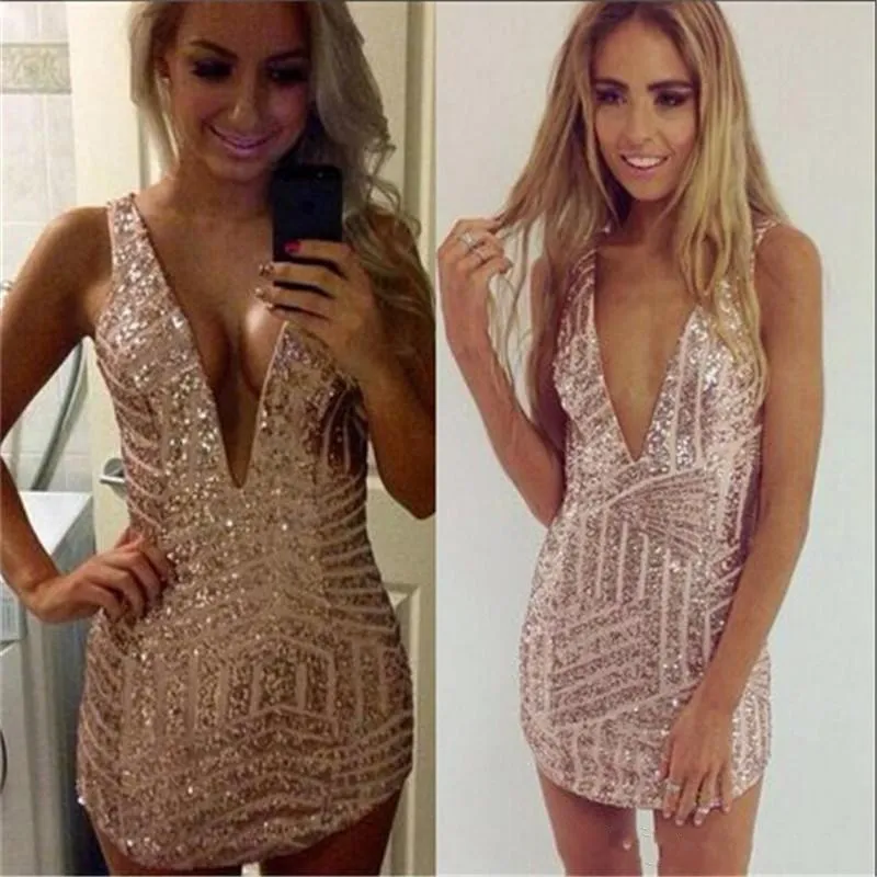 2020 New Arrival Short Mini Rose Gold Sequined Cocktail Dresses Deep V Neck Sleeveless Backless Middle East Prom Party Homecoming Gowns
