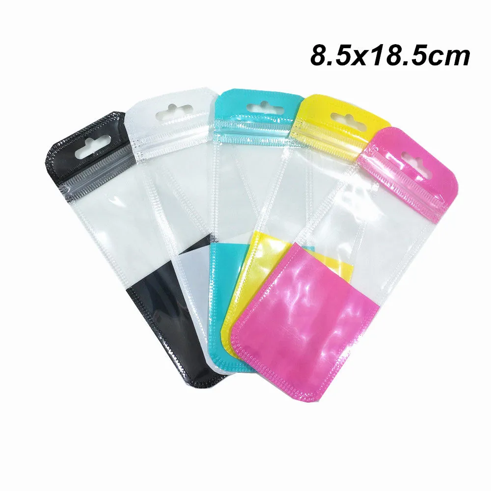 100 stks 5 Kleuren Beschikbare Plastic Pakketzakken met Hang Hole Charger Hard Disk Rits Packing Bag Crafts Retail Rits Lock Pack Pouch