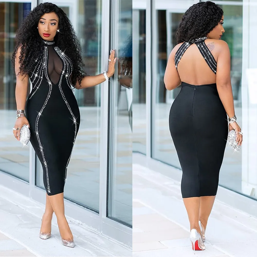 Bodycon Party Dresses Women Sexy Rhinestone Stripe Halter Backless Sheer Mesh Patchwork Zipper Knee Length Mini Club Dresses