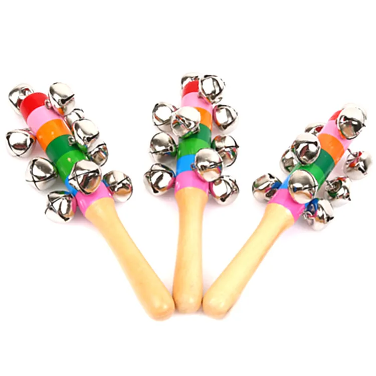 18cm Cartoon Baby Rattle Rainbow Rattles med Bell Träleksaker Orff Instruments Utbildningsleksaker Party Festlig Noise Maker Gifts XD20470