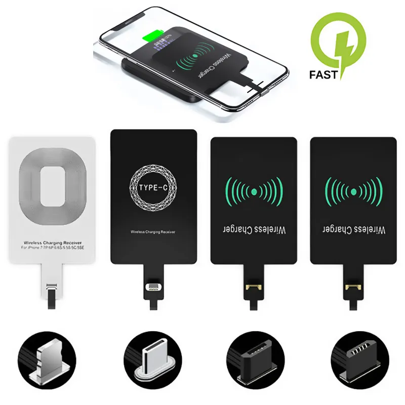 Cargador inalámbrico Qi, receptor, soporte Micro USB tipo C, adaptador de  carga rápida inalámbrica para iPhone