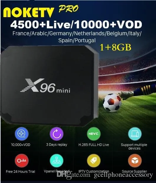 X96mini 4K 1GB 8GB Android 7.1 TV Box com NOKETV PRO 4500 pacote França Suécia Alemanha Espanha Portugal Netherland Subscription