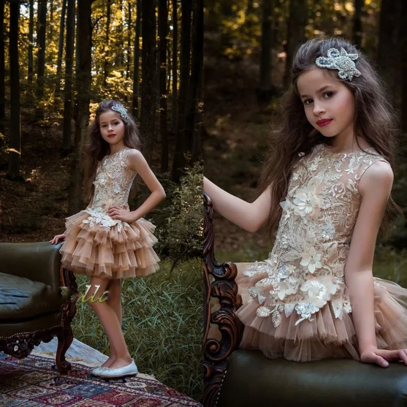 2019 Champagner-Festzug-Kleider für Mädchen mit Juwelenausschnitt, ärmellosem Rüschenrock, rückenfreie Mini-Blumenmädchenkleider für Hochzeiten