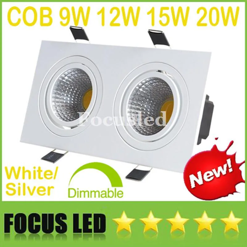 Square-Dimmable 2 * (9W 12W 15W 20W) COB LED Downlights 18W 24W 30W 40W Vit / Silver Tottable Fixture Inbyggd taklampor Lampor CE ul