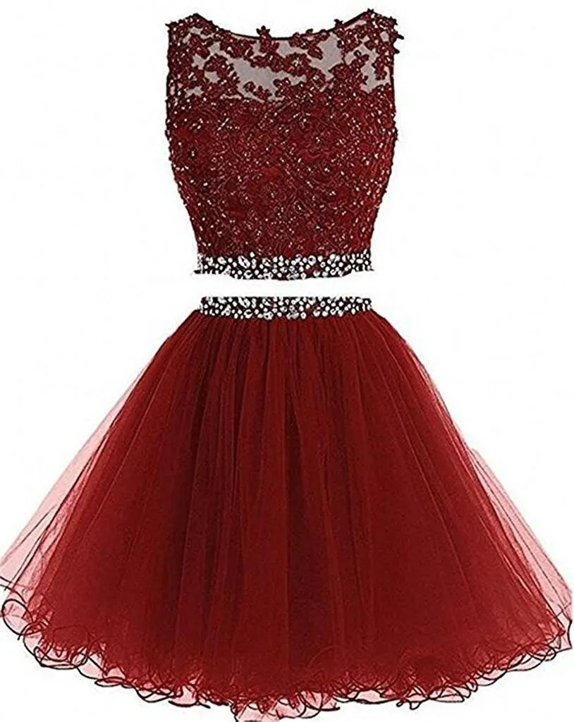 2019 Newest Two Piece Tulle Short Homecoming Dresses For Juniors Women Plus Size Appliques Mini Graduation Formal Prom Party Gown AL12