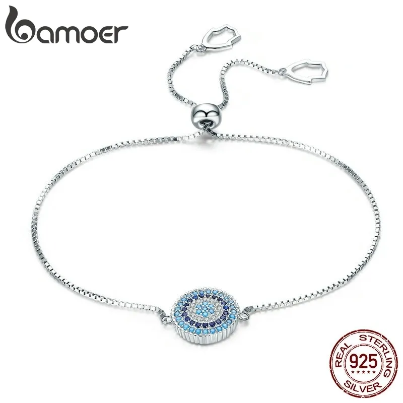 BAMOER 925 Sterling Silver Luxury Round Blue Lucky Eyes Power Bracelet Pave CZ Adjustable Link Chain Bracelets Jewelry SCB005 CX200623