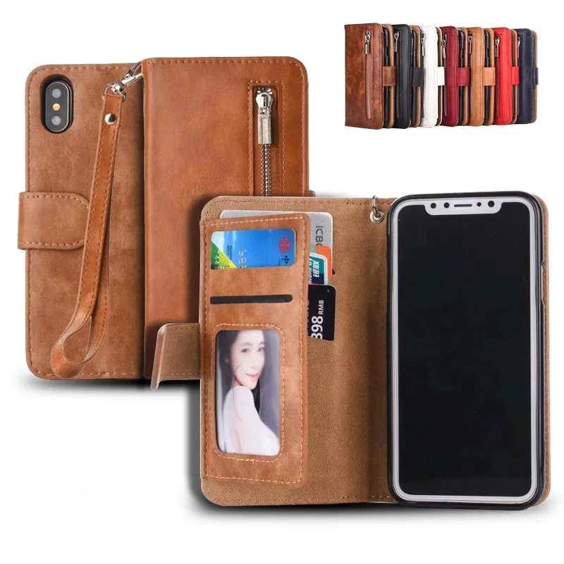 For iphone Xs Max Xr 8 7 Plus Case 2 in 1 Detachable Removable Zipper Wallet Leather Cover With Strap for Apple Shell