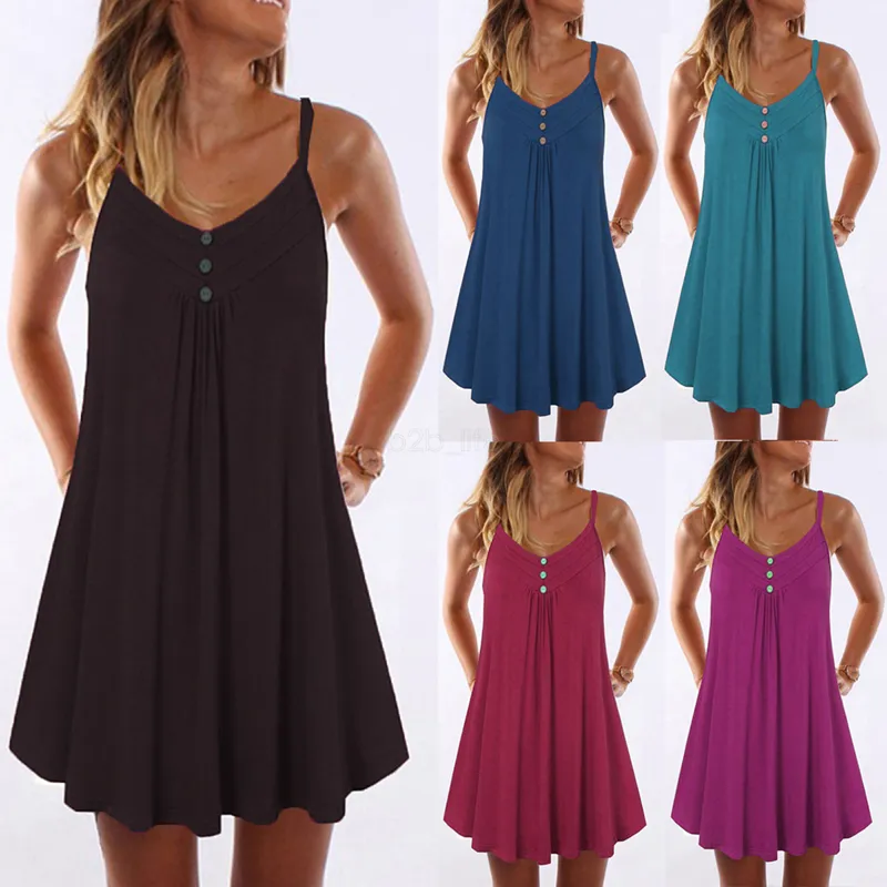 Kvinnor Strandklänningar Slip Ärmlös Klänning Kläder Plus Storlek 5x Pure Color Sexig Vanlig Sundress V Neck Knapp Kläder LJJA2498