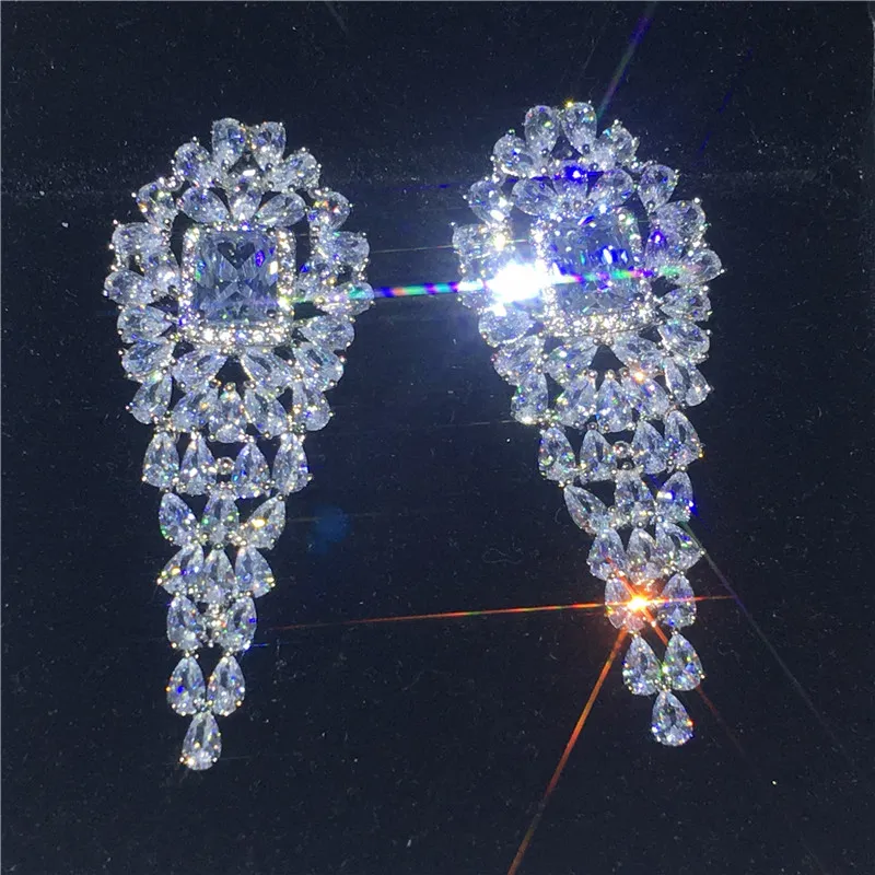 Vecalon Luxus Weibliche Blume Baumeln ohrring Diamant Weiß Gold Gefüllt, Verlobung, hochzeit, Tropfen Ohrringe für frauen Schmuck