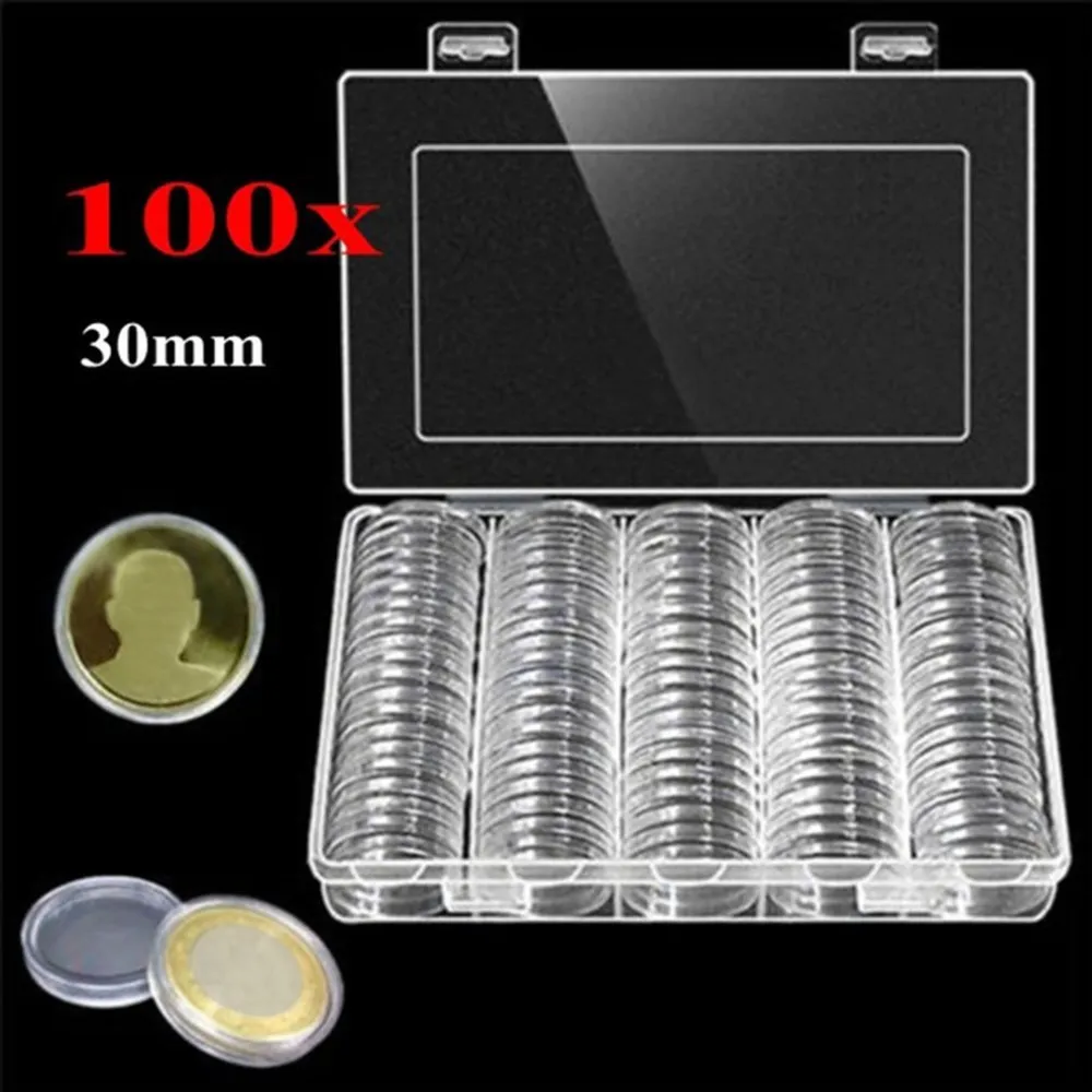 Myntförvaringslåda 30mm Klar runda Boxed mynthållare Plastkapslar Displayfodral Arrangör för myntinsamlingsartiklar