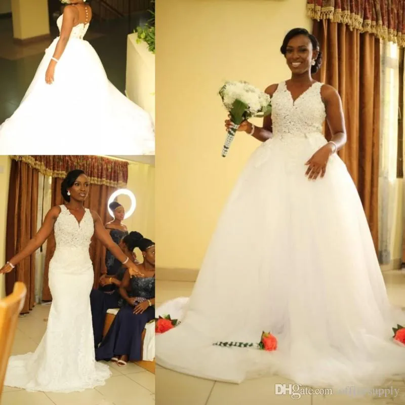 Sirène 2020 robes de mariée sexy avec train détachable V cou Voir à travers les appliques Black Girl Garden Bridal Vestios de Novia Estios