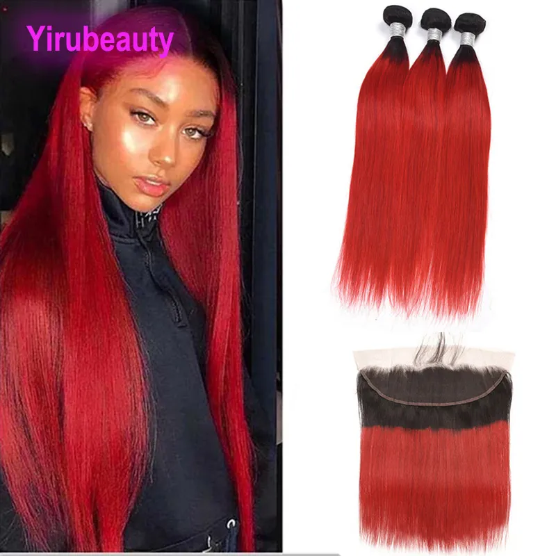 Peruanisches Menschliches Haar 3 Bundles Mit 13X4 Spitze Frontal Mit Baby Haar 1B/Rot Gerade Bundles Mit 13*4 frontal Gerade Großhandel