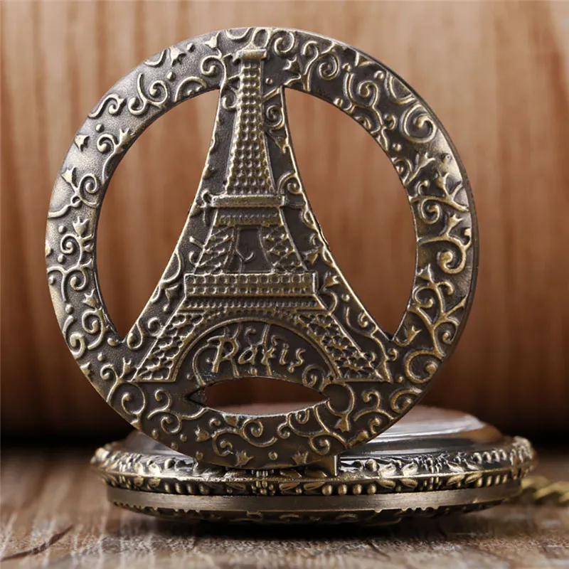 Antique Hollow Paris Eiffel Iron Tower Quartz Pocket Watch Necklace Pendant Chain Fob Watches for Men Women Souvenir Gift254Z