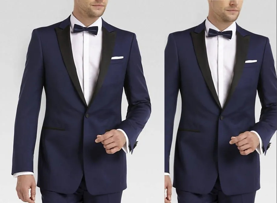 Tuxedos de marié bleu à la mode, costumes de mariage à revers noir pour hommes, Blazer populaire pour homme, costume 3 pièces (veste + pantalon + nœud)