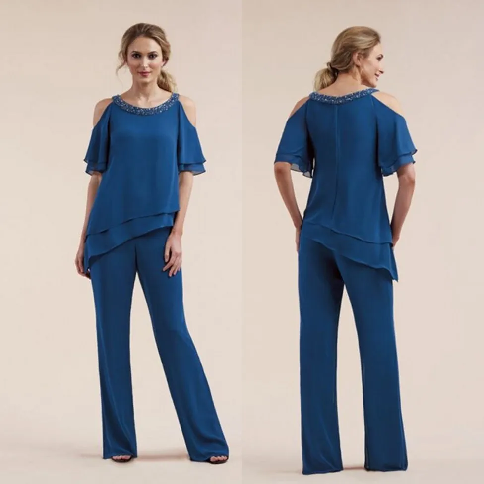 Royal Blue Beaded Mother of the Bruid broek past korte mouwen Twee stukken bruiloft gasten jurk chiffon plus size moeders bruidegom jurken