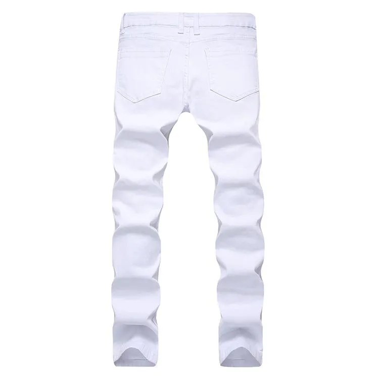 Men White Jeans Biker Multi Zippers Design Ripped Designed Long Pants Slim Fit Male Trousers Clothing