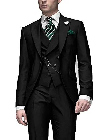 Très bon un bouton noir marié Tuxedos Peak revers hommes costumes 3 pièces mariage/bal/dîner Blazer (veste + pantalon + gilet + cravate) W565