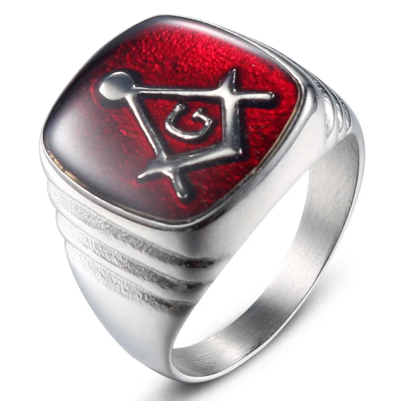 Wholesale Gold Men's Punk Dark Red Resin Enamel Covered Ring Stainless steel Freemason Masonic regalia signet rings Fraternity wed band ring
