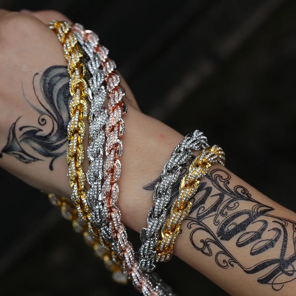 Hip Hop Iced Out ed Rope Chain Bracelet for Men Rosegold Silver Gold Plated HipHop Rock Style Pulseiras Femininas1496462