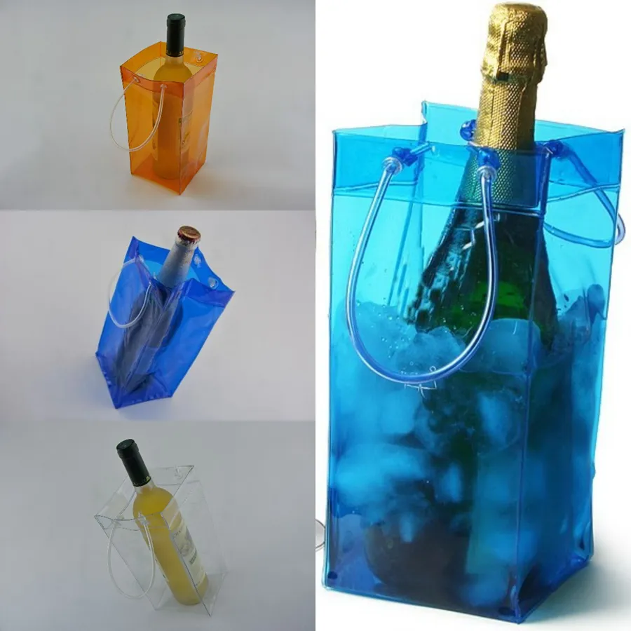 Durable PVC transparente Wine Champagne Ice Bag 11 * 11 * 25 centímetros Bolsa Cooler Bag com alça portátil Limpar armazenamento Outdoor Sacos de refrigeração OOA5117