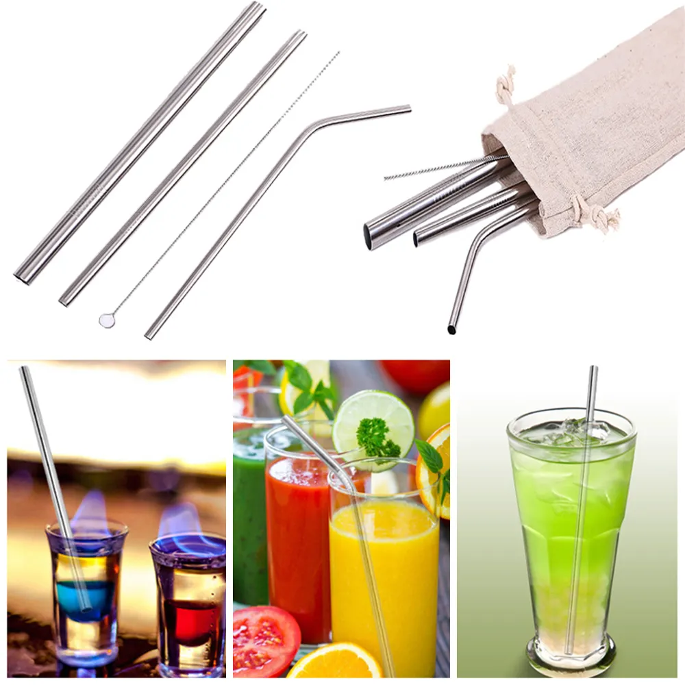 Stainless Steel Straw with Cleaner Brush Reusable High Quality 304 Stainless Steel Metal Straws Set For Bar drink straw