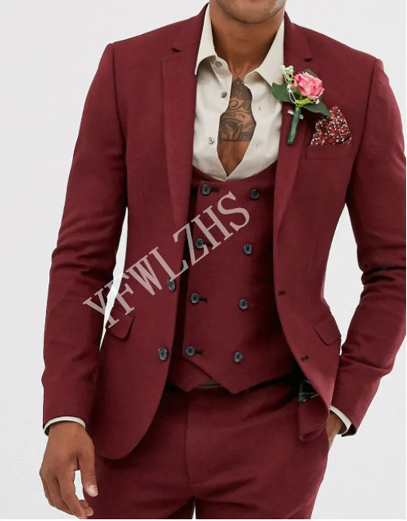 Красивый Две кнопки Groomsmen Нотч Groom Tuxedos Мужские костюмы венчания / Prom / Dinner Best Man Blazer (куртка + брюки + Tie + Vest) W217