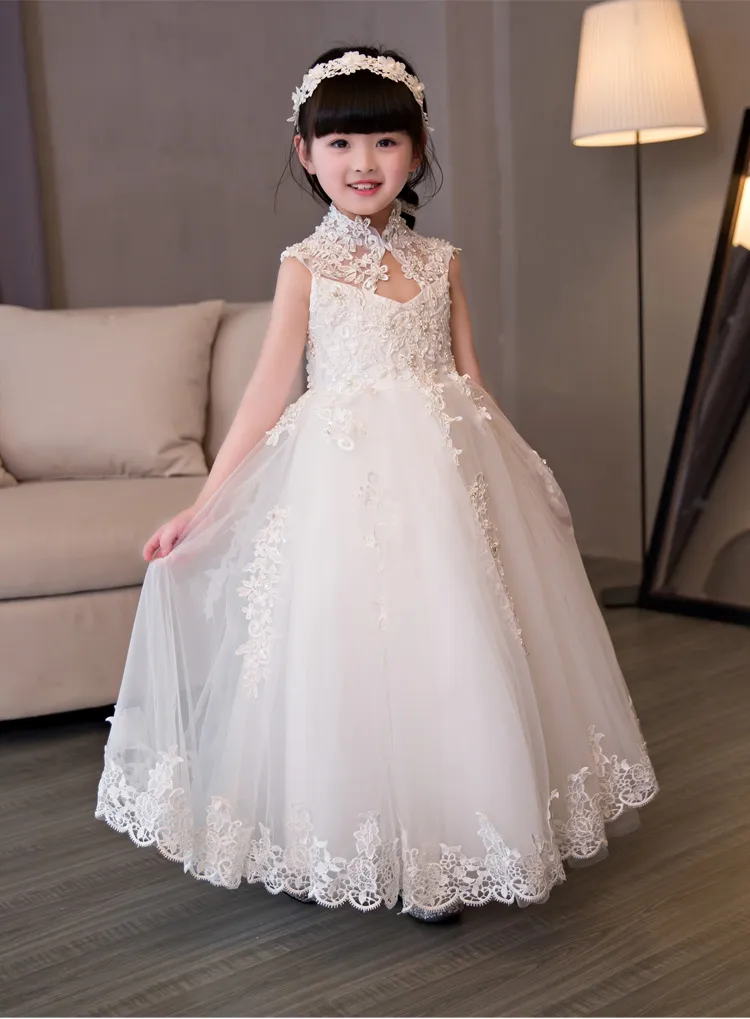 Abito da festa di compleanno per bambina con colletto alto, perline, paillettes, tulle, applicazioni, fiori, ragazza, principessa, abito lungo, per bambini, prima comunione