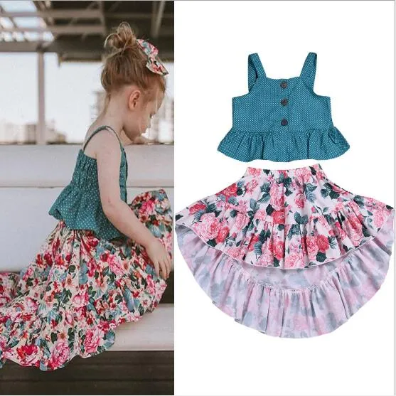 Terminal Galleta recurso renovable 2019 Trajes de liga para niñas Trajes 2pcs Conjunto blusa de lunares + Falda  floral Conjunto
