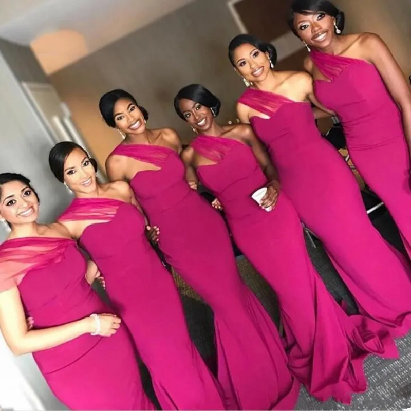 African Nigerian Satin Fuchsia Bridesmaid Dresses Long One Shoulder Floor Length Mermaid Wedding Guest Dress formal Gowns Robes de fête