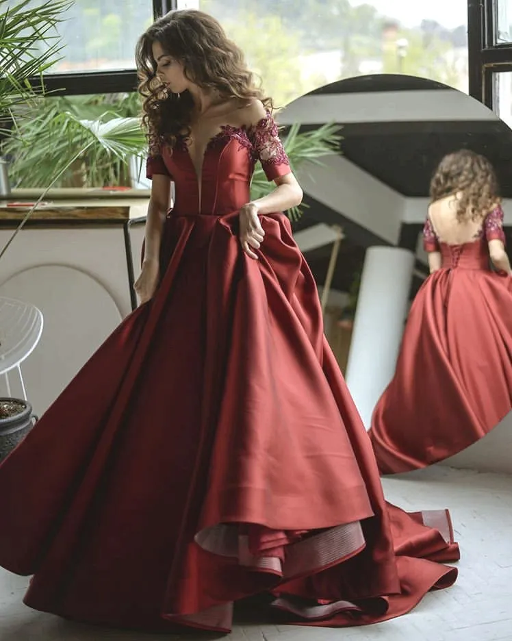 burgundy prom dress 2020 Burgundy Wine Red Satin Prom Dresses Long Sleeve Lace Appliques Plus S –  DSProm main image 0