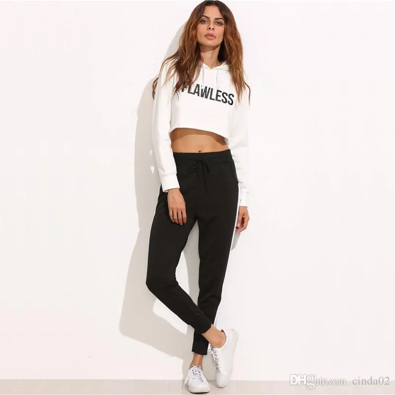 Women Casual Pants Drawstring Waist Loose Pants For Women Autumn Black Striped Side Sweat Pants Sweatpants