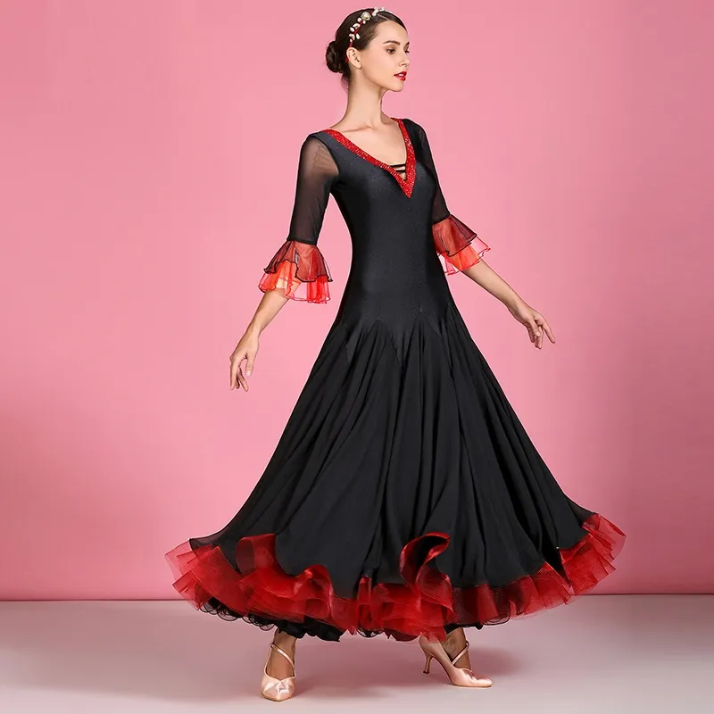 Siyah balo salonu rekabet kadınlar dans kostümleri tango ispanyolca dans elbise flamenko kadın elbise saçak kısa kollu elbise yaka v dans