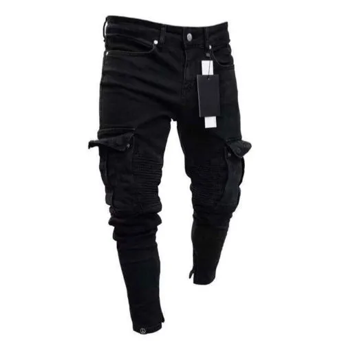 Mens Designer Jeans Mode Noir Jean Hommes Denim Skinny Biker Jeans Détruit Effiloché Slim Fit Poche Cargo Crayon Pantalon Plus La Taille 346F