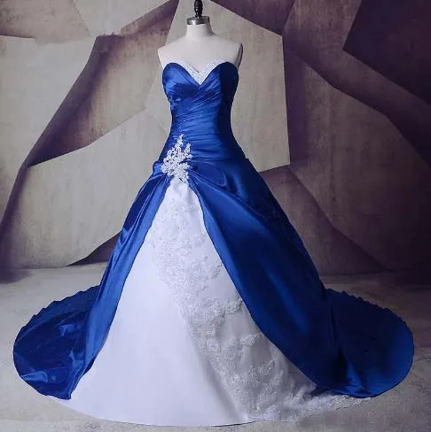 Biały i Królewski Niebieski Linia Suknia Ślubna 2019 Koronki Aplikacje Tafta Bridal Suknia Koraliki Custom Made Gorset Powrót Gothic Bride Wear