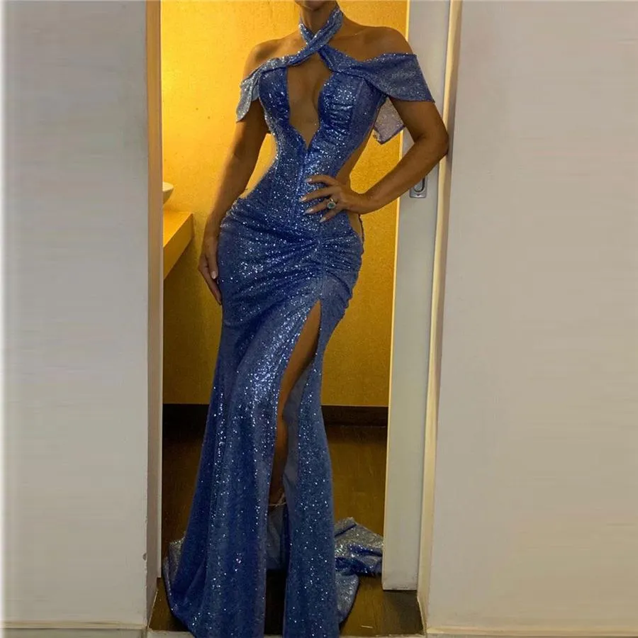 Halter Neckline Sequins Appliqued Sexy Mermaid Prom Dresses LBQ3526